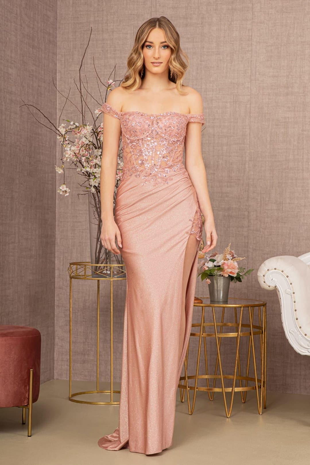 Elizabeth K GL3162 Off Shoulder Mermaid Dress w/ Sheer Slit - ROSE GOLD / XS - Dress