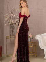 Elizabeth K GL3163 Off Shoulder Sequin Evening Dress with Side Slit