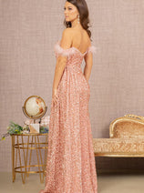 Elizabeth K GL3163 Off Shoulder Sequin Evening Dress with Side Slit