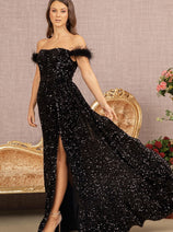 Elizabeth K GL3163 Off Shoulder Sequin Evening Dress with Side Slit