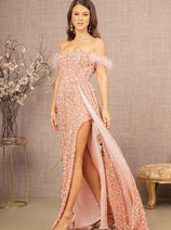 Elizabeth K GL3163 Off Shoulder Sequin Evening Dress with Side Slit