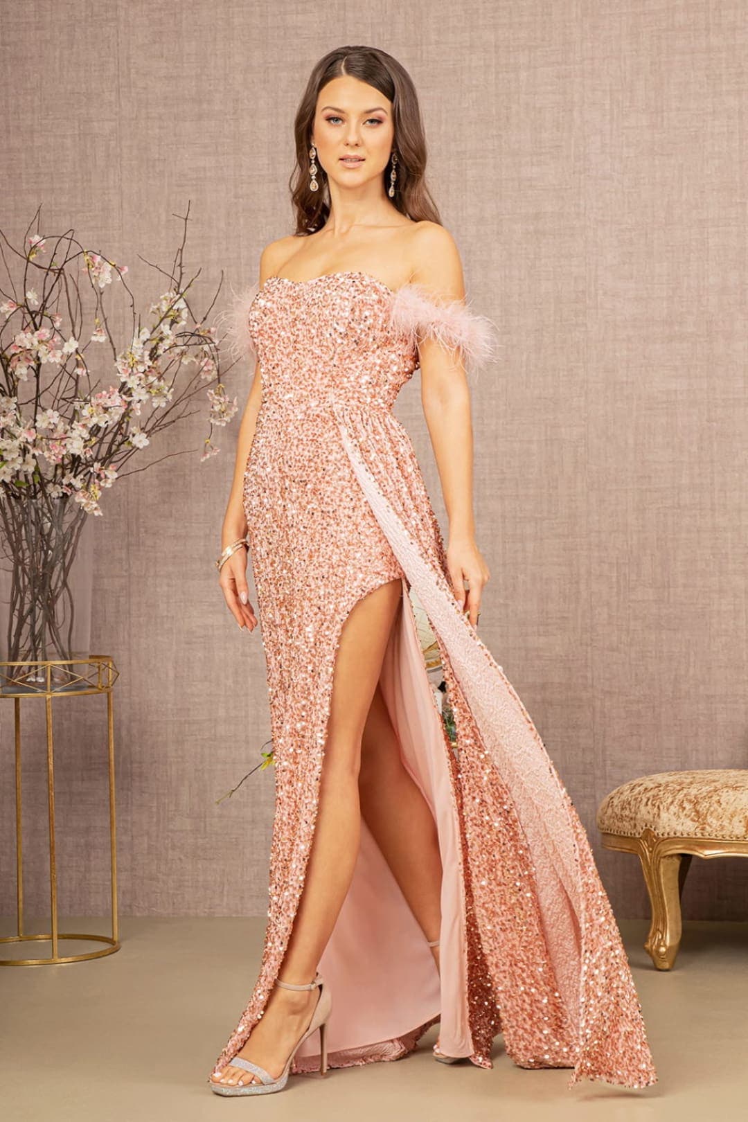 Elizabeth K GL3163 Off Shoulder Velvet Gown - ROSE GOLD / XS - Dress