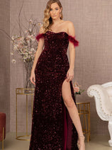 Elizabeth K GL3163 Off Shoulder Sequin Evening Dress with Side Slit