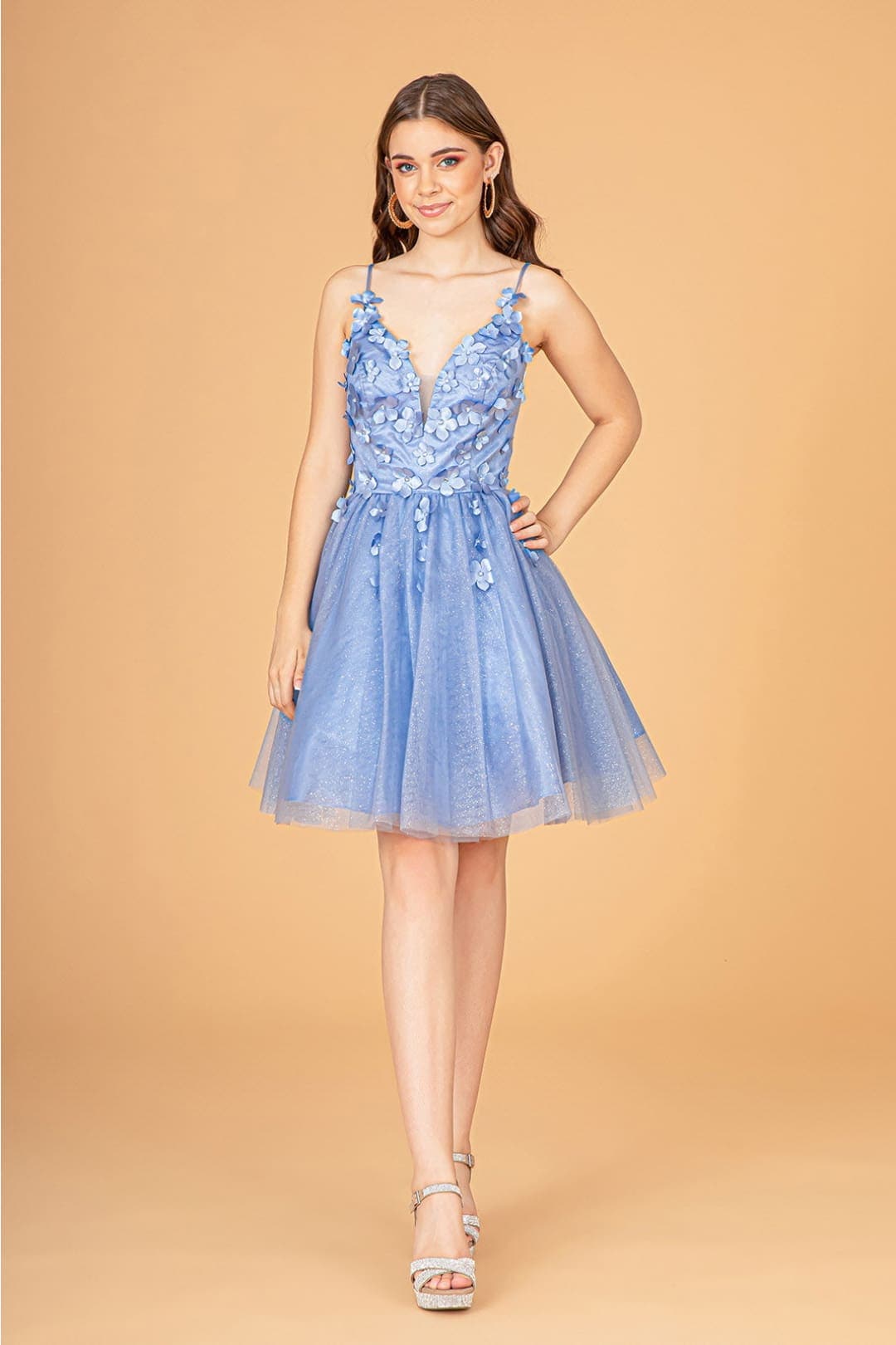 Elizabeth K GS3090 Short Dress with 3D Appliques - DUSTY BLUE / XS