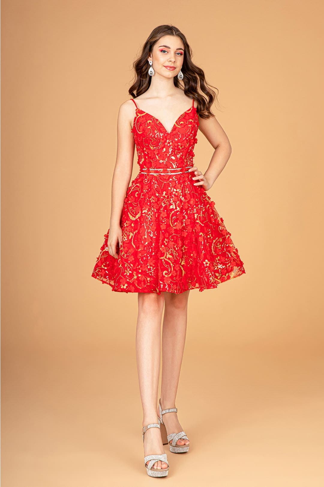 Elizabeth K GS3091 Embellished Short Dress - RED / XS