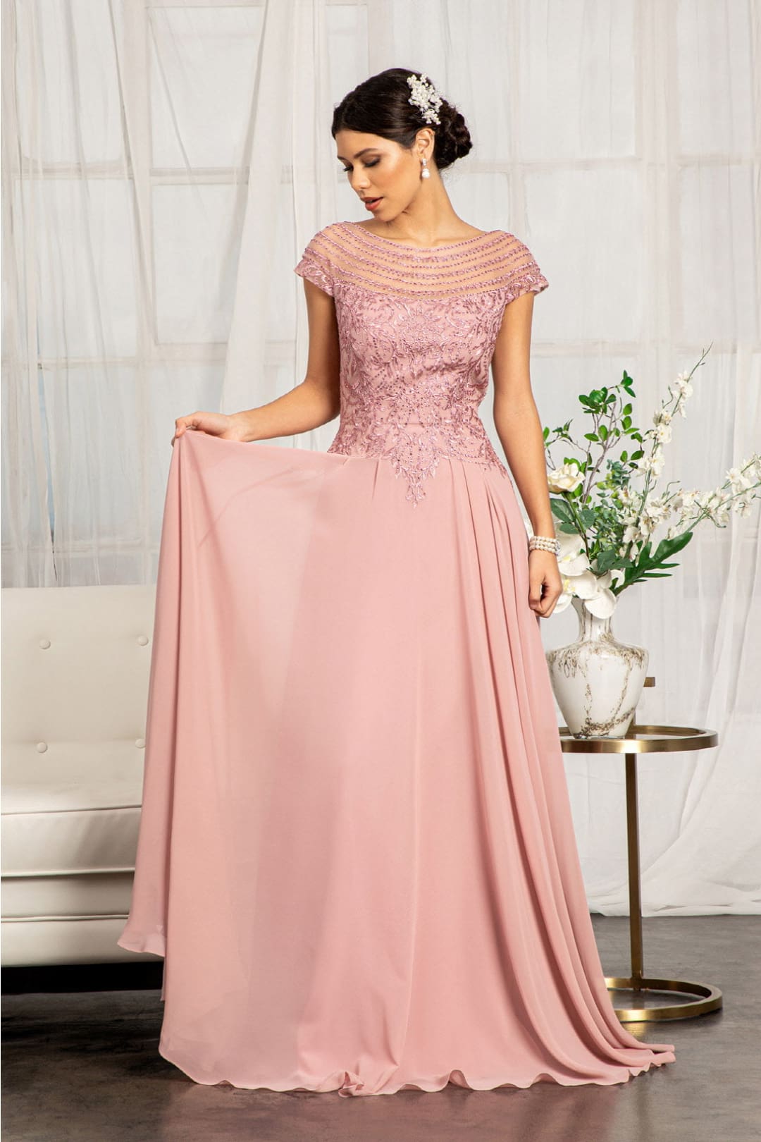 evening dresses with cap sleeves Elizabeth K Embellished Chiffon Gown Formal Dress Shops Size:EU 40 | US 9-9.5 The sheath skirt skims RED DRESSES Men's Basic Solid Color
