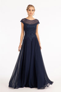 Embellished Cap Sleeve Chiffon Gown by Elizabeth K GL3065 - S / Navy - Long Formal Dresses