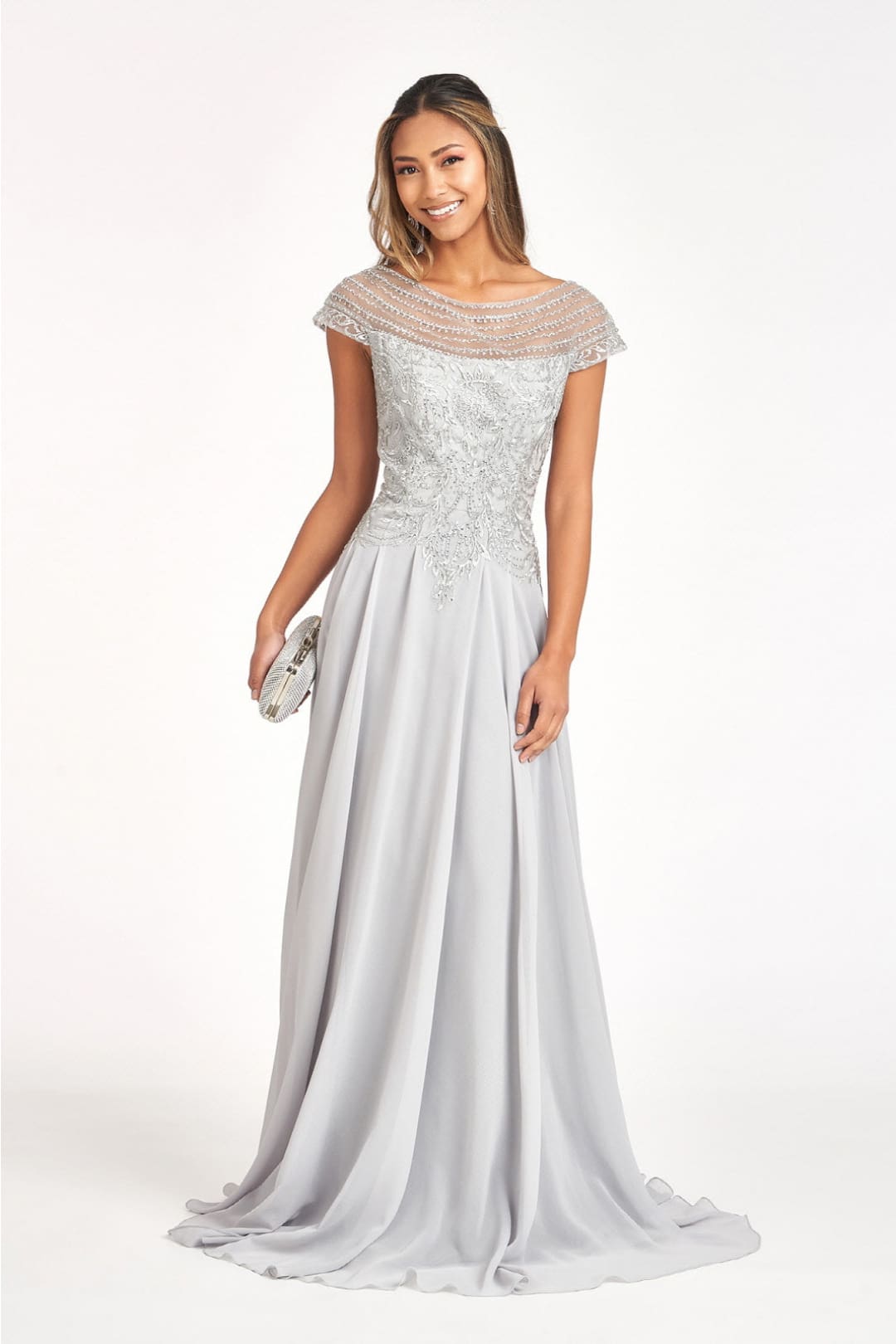 Embellished Cap Sleeve Chiffon Gown by Elizabeth K GL3065 - S / Silver - Long Formal Dresses