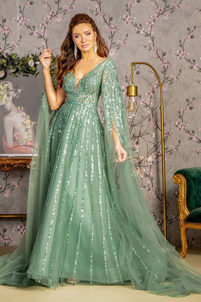 Embellished Cape Sleeve A-line Gown by GLS Gloria GL3494 - Long Formal Dresses