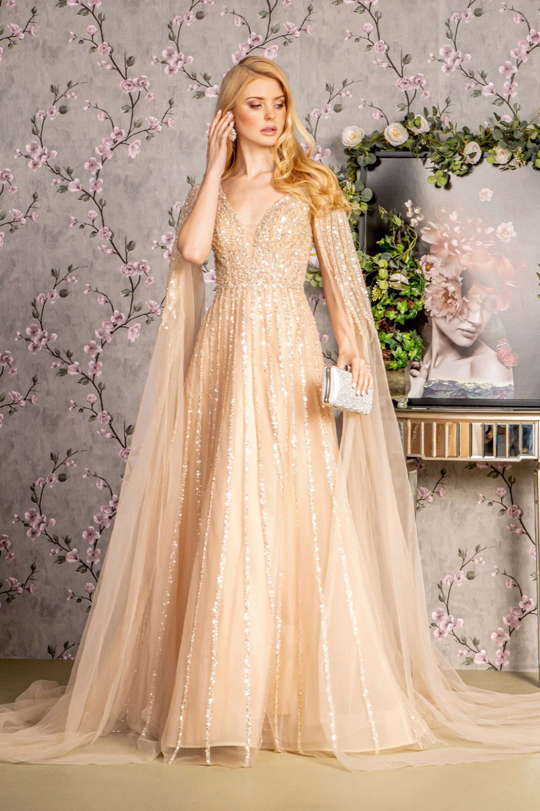 Embellished Cape Sleeve A-line Gown by GLS Gloria GL3494 - S / Champagne - Long Formal Dresses