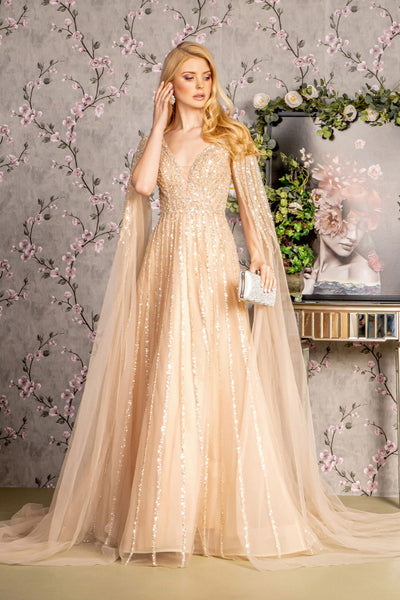 Embellished Cape Sleeve A-line Gown by GLS Gloria GL3494 - S / Champagne - Long Formal Dresses