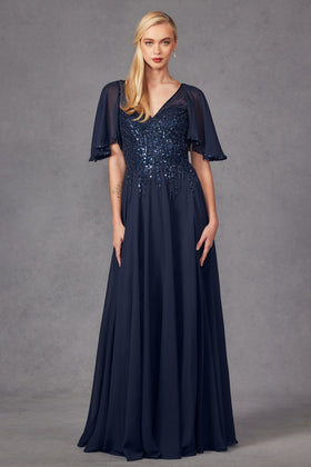 Juliet JTM14F Embellished Chiffon Flutter Sleeve A-line Gown with V-Neck Neckline