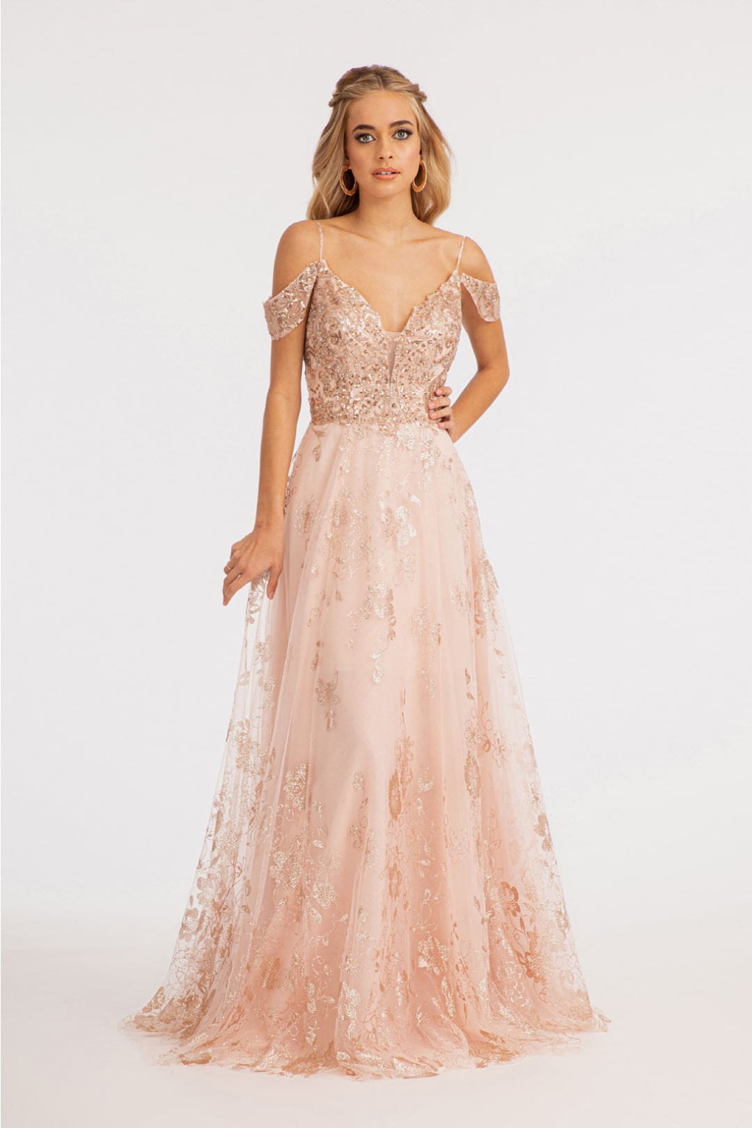 Embellished Cold Shoulder Gown by Elizabeth K GL3070 - XS / Blush - Long Formal Dresses