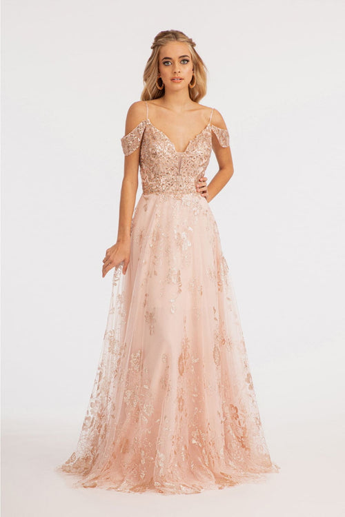 Embellished Cold Shoulder Gown by Elizabeth K GL3070 - XS / Blush - Long Formal Dresses