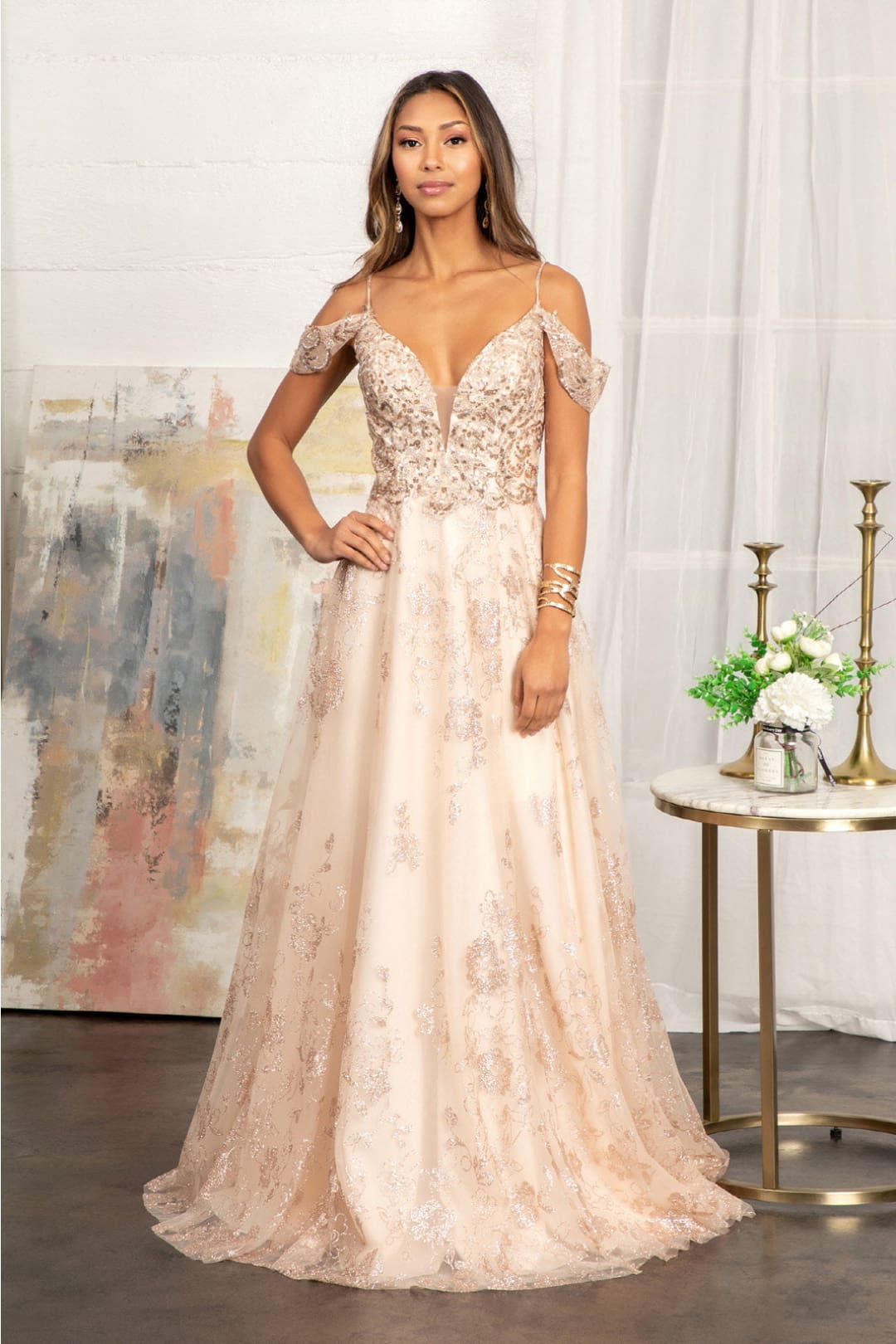 Embellished Cold Shoulder Gown by Elizabeth K GL3070 - XS / Champagne - Long Formal Dresses