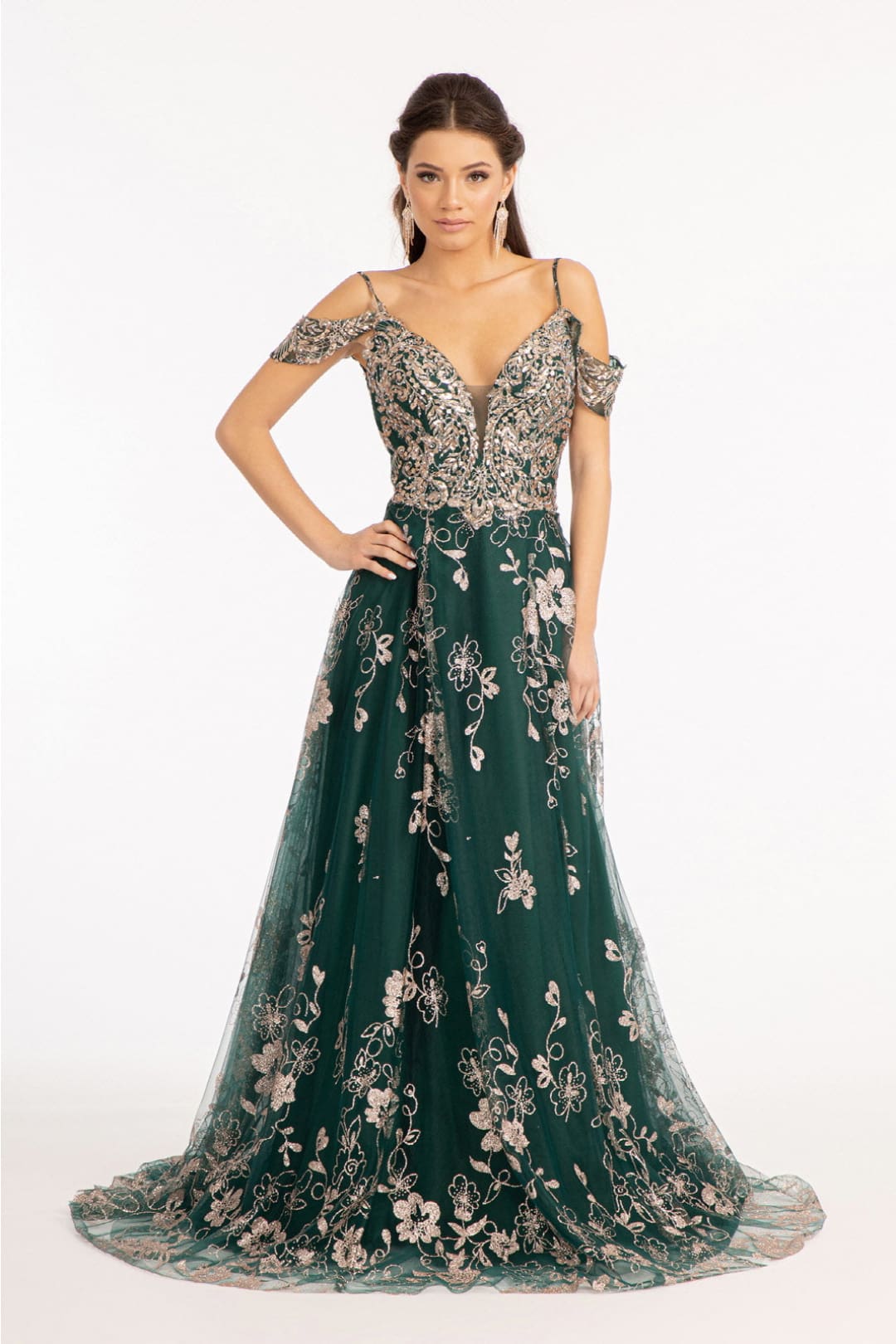 Embellished Cold Shoulder Gown by Elizabeth K GL3070 - XS / Emerald Green - Long Formal Dresses