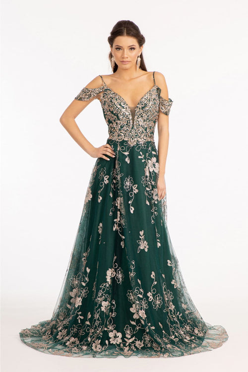 Embellished Cold Shoulder Gown by Elizabeth K GL3070 - XS / Emerald Green - Long Formal Dresses