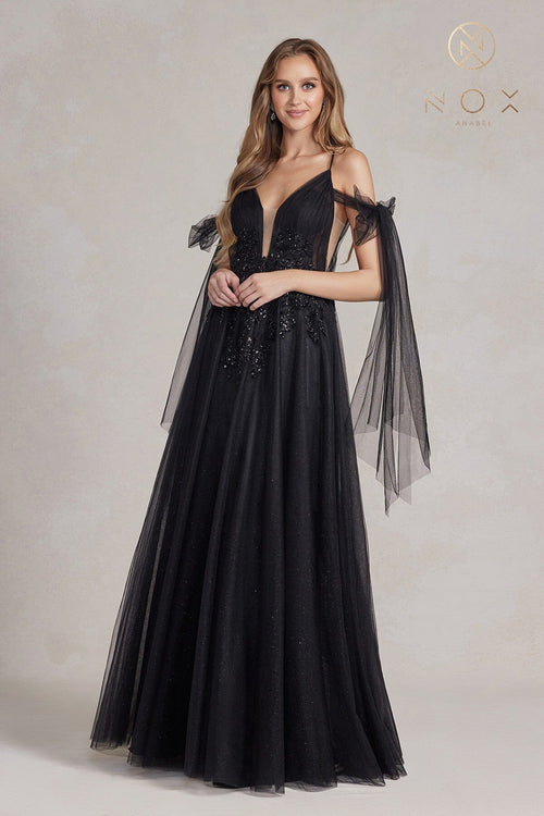 Nox Anabel E1075 Sweetheart Applique A-Line Long Evening Gown with Train