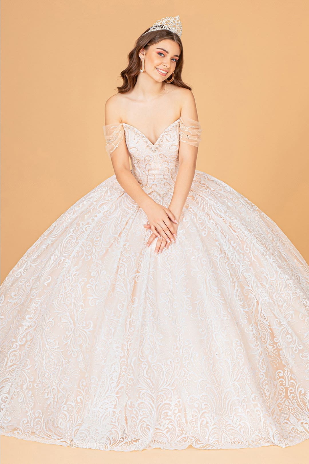 Embellished Off Shoulder Ball Gown by Elizabeth K GL3073 - XS / Champagne - Quinceanera Dresses