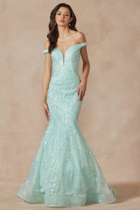 Juliet 2412 Embellished Off Shoulder Mermaid Dress with Fitted Silhouette and Sweetheart Neckline