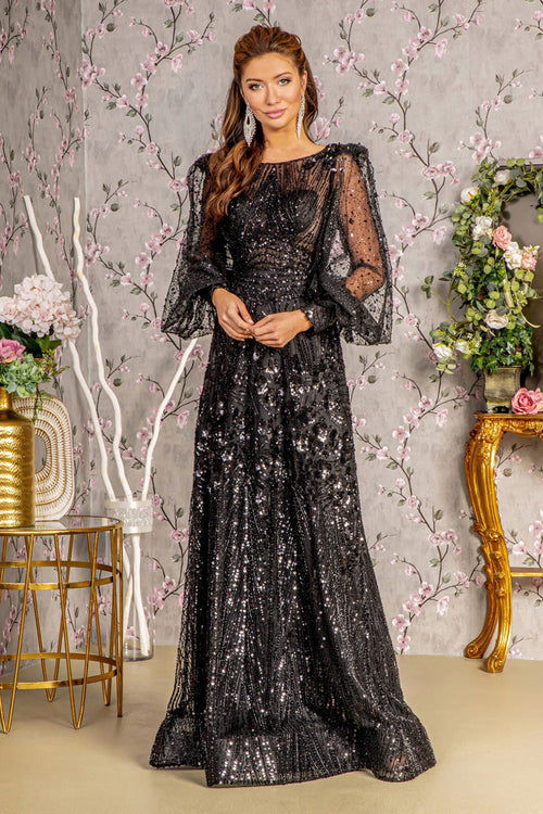 Embellished Puff Sleeve A-line Gown by GLS Gloria GL3497 - S / Black - Long Formal Dresses