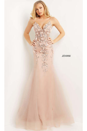 Embellished Sheer-Corset Blush Jovani Prom Dress
