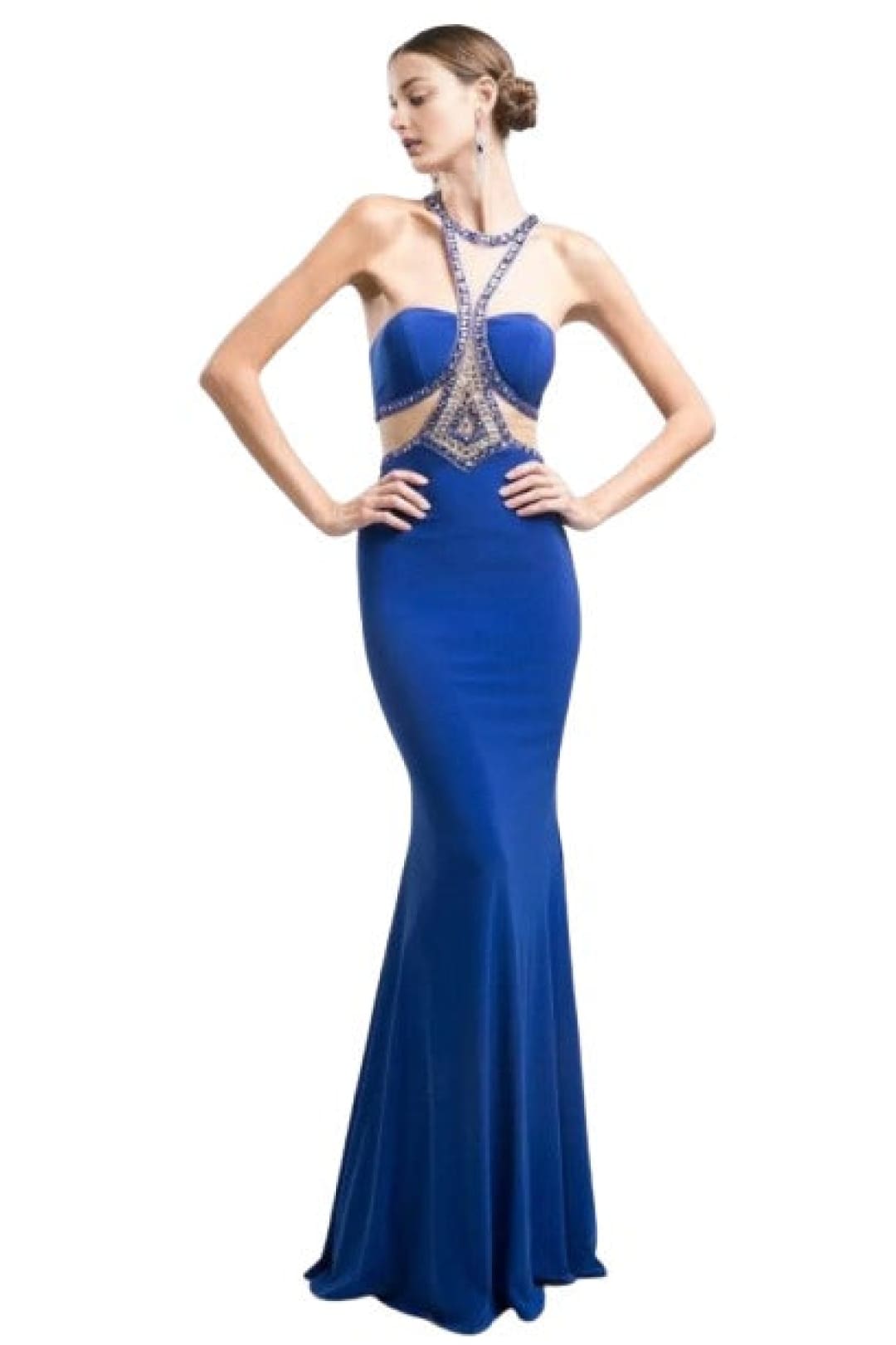 Embellished Sheer Midriff Gown 2025 Elegant Sheath Dress - Royal / 2 - Prom