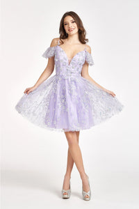 Embellished Short Cold Shoulder Dress by Elizabeth K GS1996 - XS / Lilac - Short Cocktail Dresses