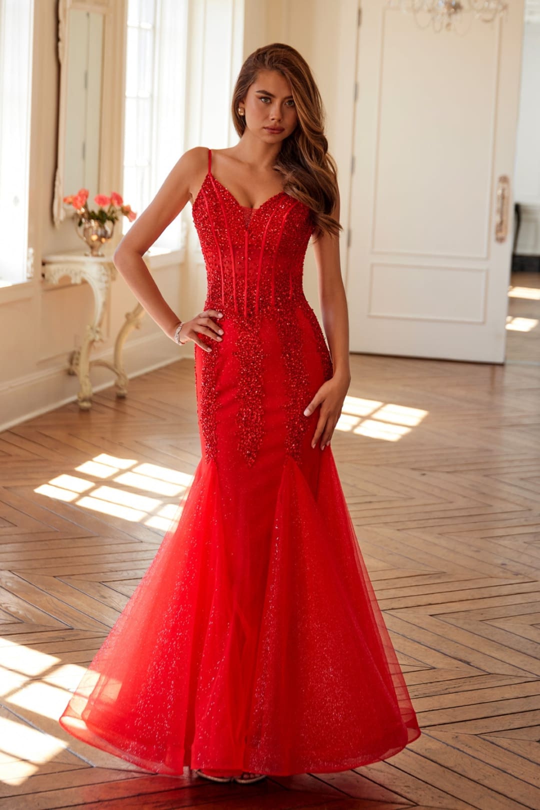 Embellished V-Neck Mermaid Dress by Juliet JT2883C - Red / 2 - Long Formal Dresses