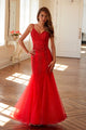 Embellished V-Neck Mermaid Dress by Juliet JT2883C - Red / 2 - Long Formal Dresses