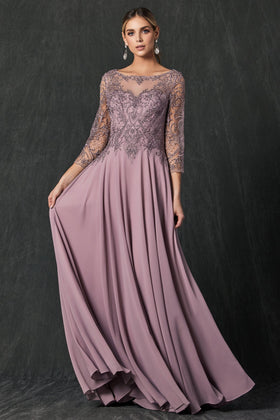 Juliet M11 Embroidered 3/4 Sleeve Chiffon Gown with A-Line Skirt and Sweetheart Neckline