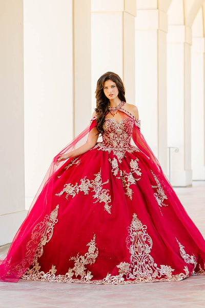 Embroidered Applique Cape Ball Gown by Bella Princess PQ1016