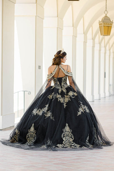 Embroidered Applique Cape Ball Gown by Bella Princess PQ1016
