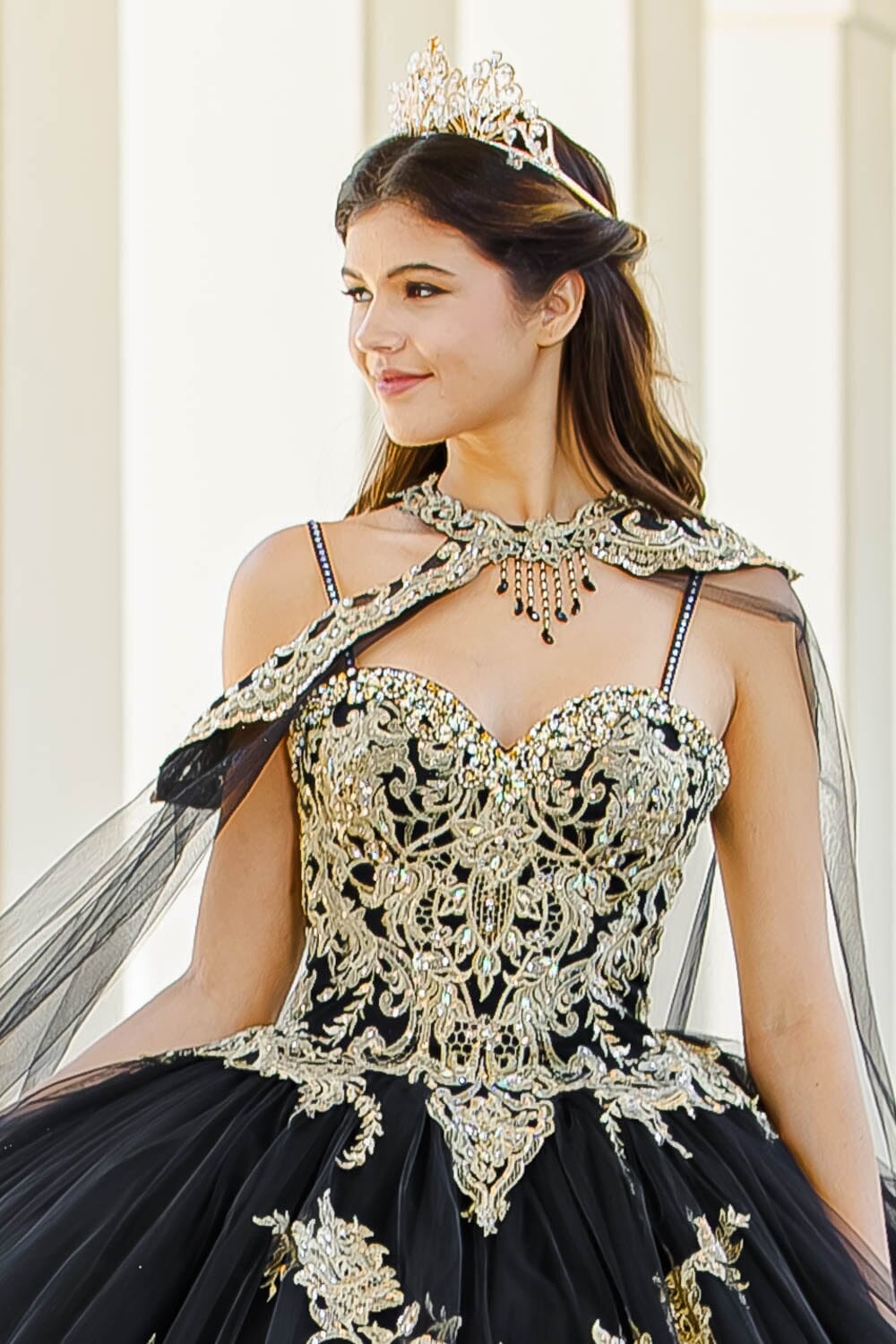 Embroidered Applique Cape Ball Gown by Bella Princess PQ1016