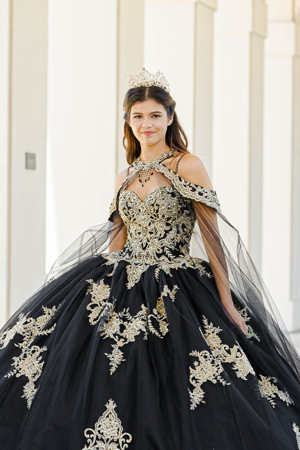Embroidered Applique Cape Ball Gown by Bella Princess PQ1016