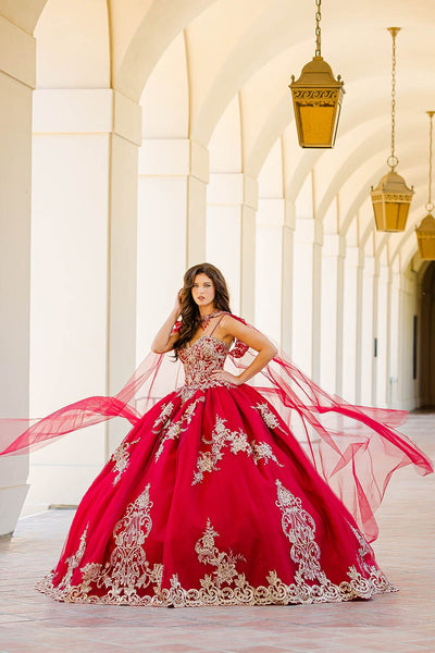 Embroidered Applique Cape Ball Gown by Bella Princess PQ1016