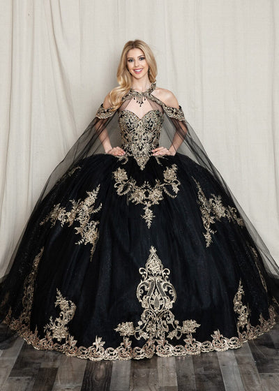 Embroidered Applique Cape Ball Gown by Bella Princess PQ1016