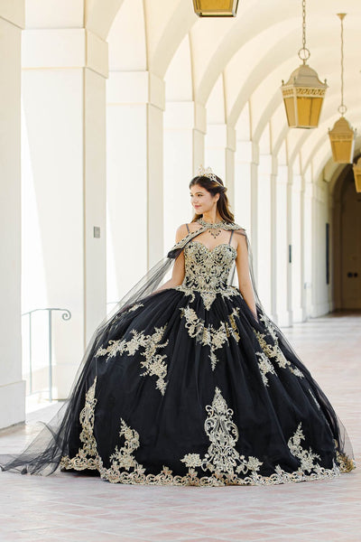 Embroidered Applique Cape Ball Gown by Bella Princess PQ1016
