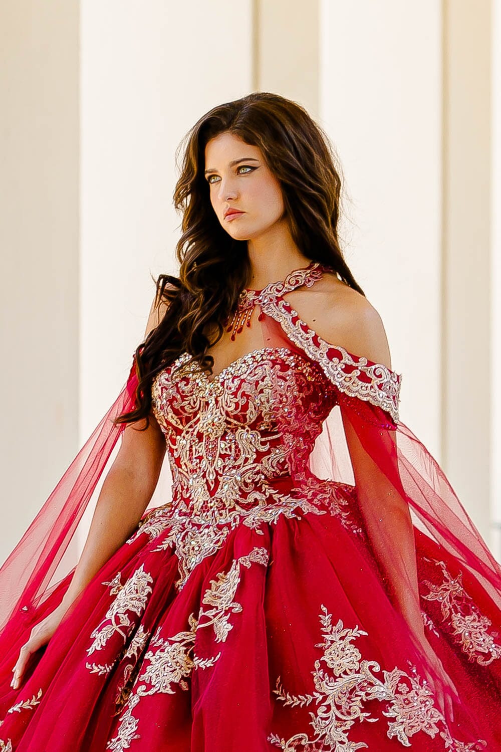 Embroidered Applique Cape Ball Gown by Bella Princess PQ1016