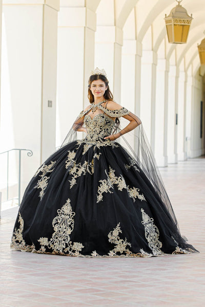 Embroidered Applique Cape Ball Gown by Bella Princess PQ1016