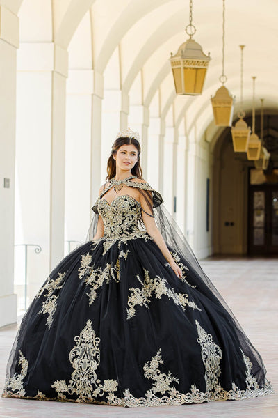 Embroidered Applique Cape Ball Gown by Bella Princess PQ1016
