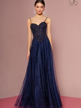 Embroidered Bodice Glitter A-line Gown by Elizabeth K GL2694