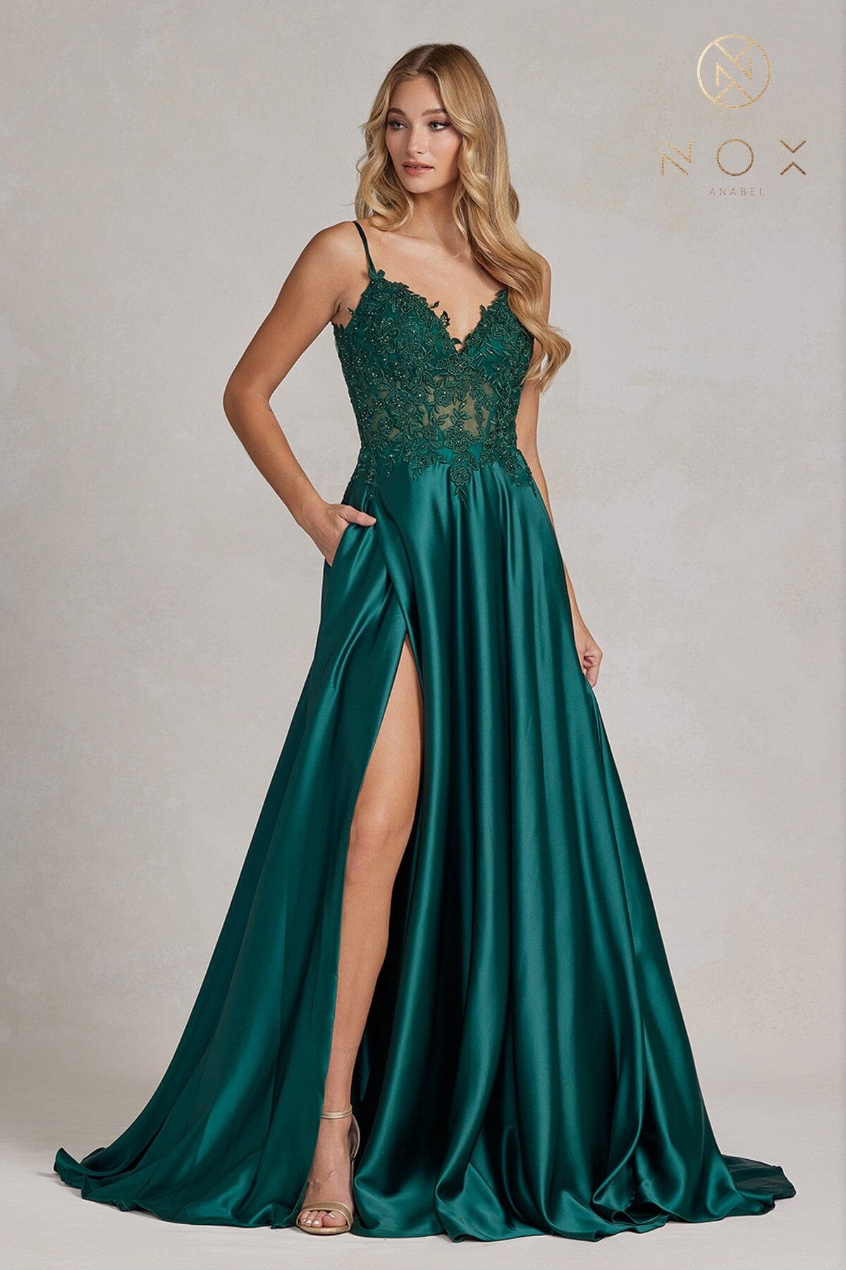 Nox Anabel K1121 V-Neck Beaded A-Line Long Corset Evening Gown with Slit
