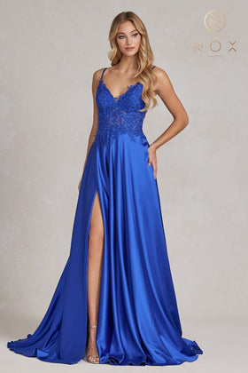 Nox Anabel K1121 V-Neck Beaded A-Line Long Corset Evening Gown with Slit