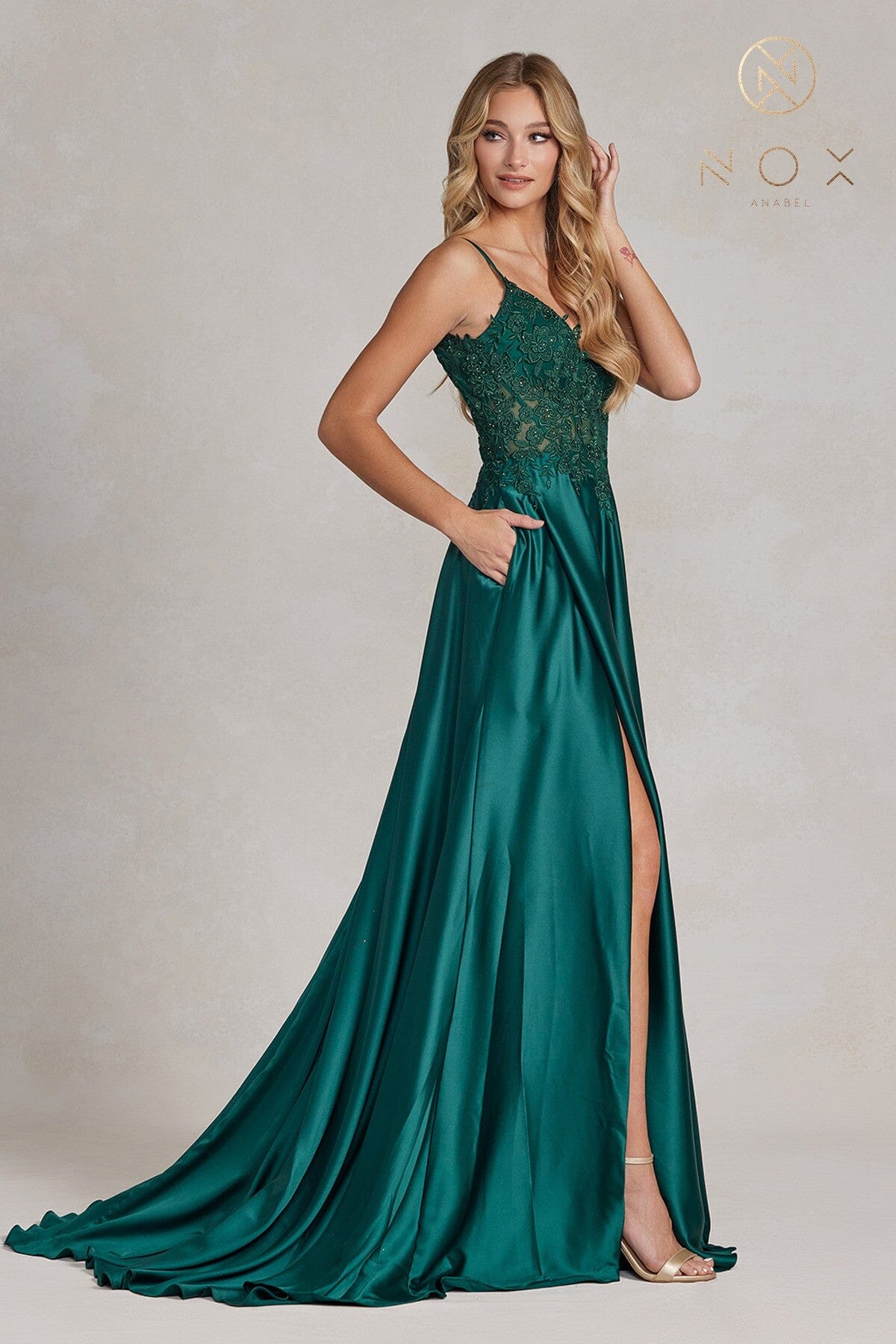 Nox Anabel K1121 V-Neck Beaded A-Line Long Corset Evening Gown with Slit