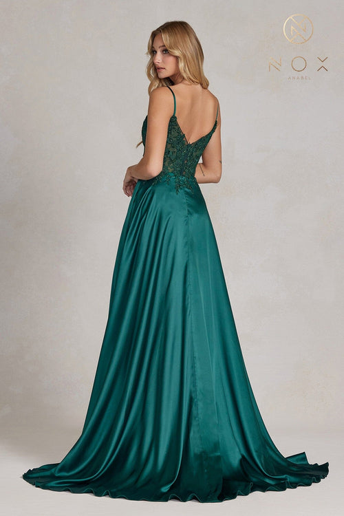Nox Anabel K1121 V-Neck Beaded A-Line Long Corset Evening Gown with Slit