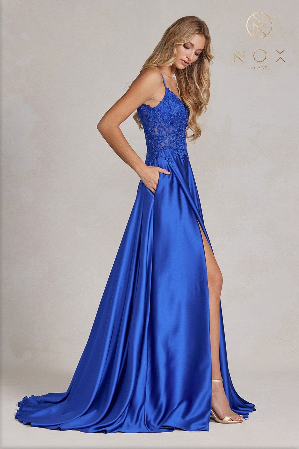 Nox Anabel K1121 V-Neck Beaded A-Line Long Corset Evening Gown with Slit