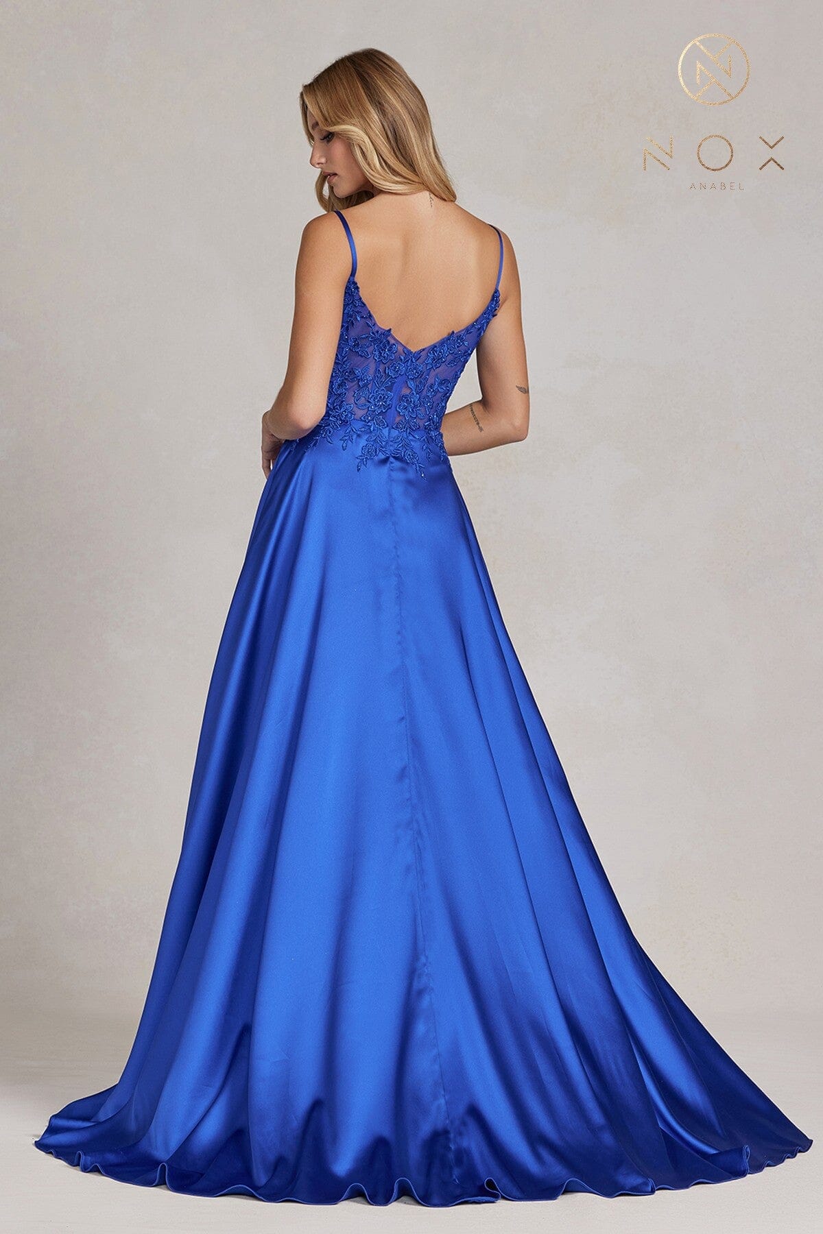 Nox Anabel K1121 V-Neck Beaded A-Line Long Corset Evening Gown with Slit