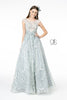 Embroidered Cap Sleeve Gown with Sheer Bodice by Elizabeth K GL2890 - M / Silver - Long Formal Dresses