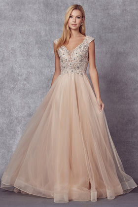Juliet 684 Embroidered Cap Sleeve Tulle Gown with A-Line Skirt and V-Neck Neckline
